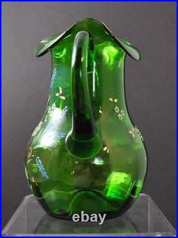 Vintage Hand Blown Green Art Glass Handled Pitcher Enameled Hand Painted Pontil