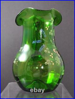 Vintage Hand Blown Green Art Glass Handled Pitcher Enameled Hand Painted Pontil