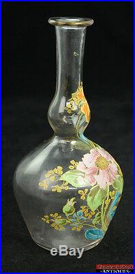 Vintage Hand Painted Enameled Purple Orange Floral Art Glass Gourd 10 Vase