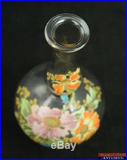 Vintage Hand Painted Enameled Purple Orange Floral Art Glass Gourd 10 Vase