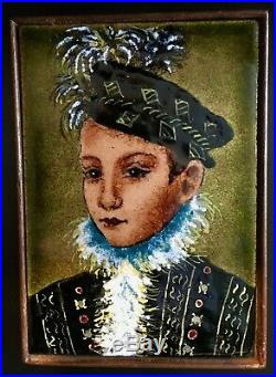 Vintage Italian Enamel Copper Framed Plaque The Feathered Prince By A. Trevisan