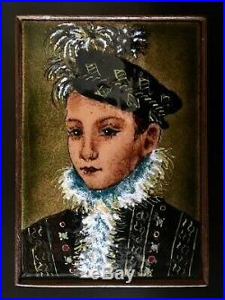 Vintage Italian Enamel Copper Framed Plaque The Feathered Prince By A. Trevisan