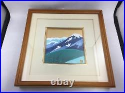 Vintage Japanese Enamel Painting Mt Fuji Landscape Gold Sky Framed Asian Art