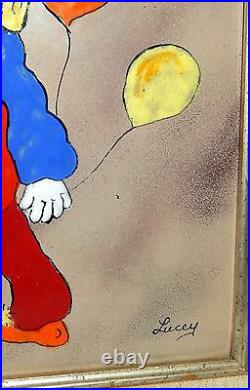 Vintage Jean Lucey Enamel Copper Clown Painting Balloons Signed France Framed
