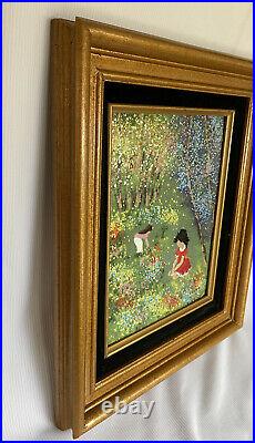 Vintage LOUIS CARDIN Enamel on Copper Painting Signed Art Two Girls Flowers