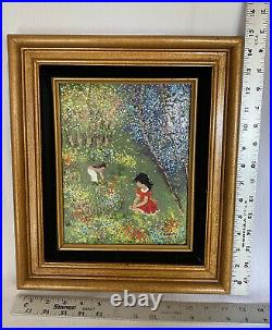 Vintage LOUIS CARDIN Enamel on Copper Painting Signed Art Two Girls Flowers