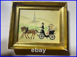 Vintage Made In Austria Horse Carriage Scene Hand Enameled Painting #1- Framed