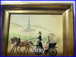 Vintage Made In Austria Horse Carriage Scene Hand Enameled Painting #1- Framed