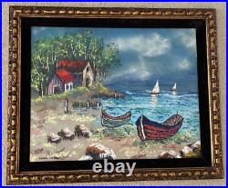 Vintage Mark Moses Boats Landscape Original Enamel on Copper Painting 1975
