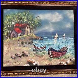 Vintage Mark Moses Boats Landscape Original Enamel on Copper Painting 1975