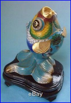 Vintage Metal Fish Vibrant Enamel Paint Asian Sculpture on Wood Stand