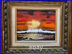 Vintage Mid Century Modern Enamel Painting Signed Fox Waves At Sunset