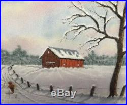 Vintage Painting By Dominic Mingolla Enamel on Copper Winter Scene, Wood Frame