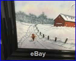 Vintage Painting By Dominic Mingolla Enamel on Copper Winter Scene, Wood Frame