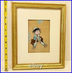 Vintage Painting of a Small Child on a Bench Enamel on Copper Matted & Framed