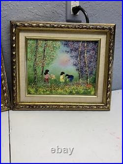 Vintage Pair of Enamel On Copper Paintings By LOUIS CARDIN Framed Signed