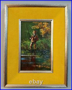 Vintage Raphael Esterida Enamel on Copper Painting Fly Fisherman on River Signed