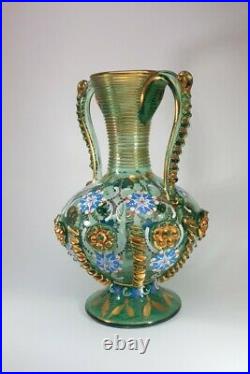 Vintage Rare Spanish Green 24ct Gold Painted Enameled Gordiola Mallorca Vase