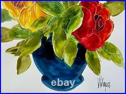 Vintage Vase With Flowers Rich Impasto Oil Painting MID Century Signed Illegible