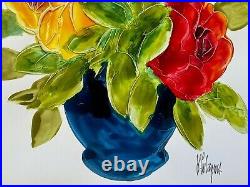 Vintage Vase With Flowers Rich Impasto Oil Painting MID Century Signed Illegible