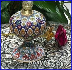 Vintage Victorian Blue Enamel Painted Art Glass Peg Lamp Oil Lamp Font Handmade