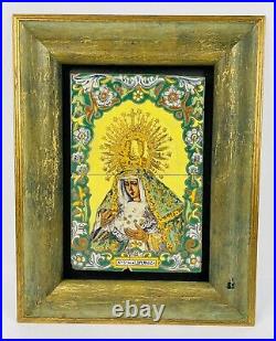 Vintage Virgen De La Macarena Vessel of Hope, Hand-Painted Tiles In Wooden Frame
