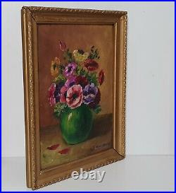 Vintage oil painting Still life Flowers Green enameled pottery French Signed