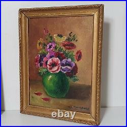 Vintage oil painting Still life Flowers Green enameled pottery French Signed
