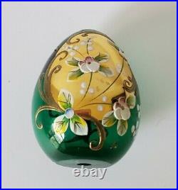 Vtg Czech Art Enameled Emerald Glass Egg raised gold hand painted paperweight