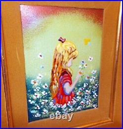 Vtg ENAMEL on COPPER Wall ART Picture GIRL with DAISIES Flowers ARTIST Signed