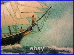 Vtg FOLK ART PAINTING on ENAMEL SIGNED FRAMED NAUTICAL SAILING SHIP CLIPPER