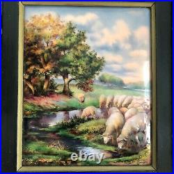 Vtg Limoges R Betourne French Enamel Painting Convex on Copper Sheep Framed