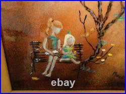Vtg Lovely Malcom Moran copper enamel painting Mother Daughter Bench under Tree