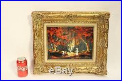 Vtg Max Karp Art Enamel on Copper Painting Mother & Child Autumn Forest 12x9