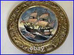 Vtg Mayflower Enamel Painting on Plate Decorative Brass W Dragons Collectible