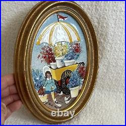 Vtg SHIRLEY MANSFIELD Enamel On Copper Painting. Framed Signed Girl With Flowers