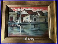 Vtg Vietnamese Painting by NGUYEN TUNG NGOC graphic enamel Colonial landscape
