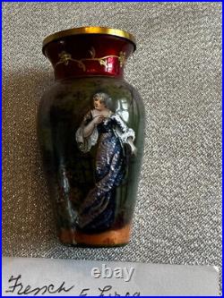 Vtg antique mini miniature enamel hand painted French art glass vase 2.5 Leroy