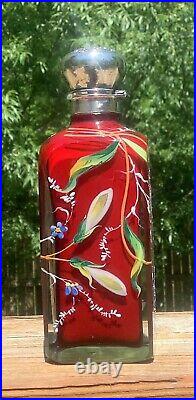 Webb Moser Red Cased Hand Painted Enameled Art Glass Sterling Silver Top Perfume