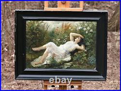 Woman lying in the meadow around the flowers, oil on metal, Germany unsigned