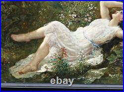 Woman lying in the meadow around the flowers, oil on metal, Germany unsigned