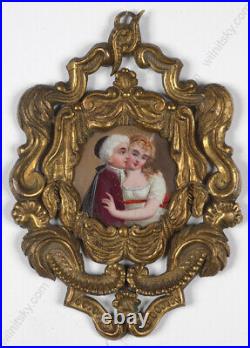 Young Abbe with a Girl, French Enamel Miniature, 19th Century